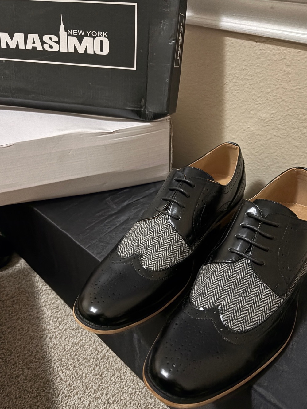 Massimo Black Leather Oxfords with Gray Herringbone Panels